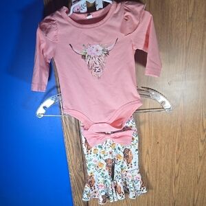 Adorable Pink Long Sleeve Baby Outfit with Floral Cow Design Size 0-3 Mths